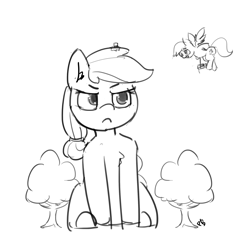 Size: 1280x1278 | Tagged: safe, artist:pabbley, applejack, derpy hooves, earth pony, pegasus, pony, female, giant pony, macro, mare, monochrome