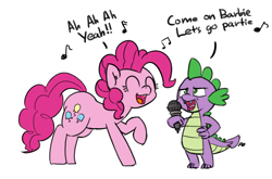 Size: 1280x846 | Tagged: safe, artist:pabbley, pinkie pie, spike, dragon, earth pony, pony, aqua, barbie girl, microphone, music notes, singing, song reference