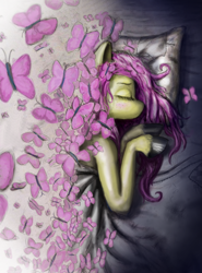 Size: 1175x1584 | Tagged: safe, artist:anthropony, fluttershy, butterfly, pegasus, pony, bed, sleeping, solo, surreal