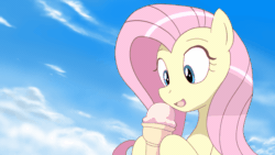 Size: 960x540 | Tagged: safe, artist:deannart, artist:nekokevin, fluttershy, pegasus, pony, animated, anime, blinking, eyes closed, female, frame by frame, ice cream, licking, mare, open mouth, sky, smiling, solo, suggestive eating, tongue out