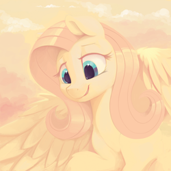 Size: 1500x1500 | Tagged: safe, artist:dimfann, fluttershy, pegasus, pony, bright, female, limited palette, looking at something, looking down, mare, smiling, solo, spread wings