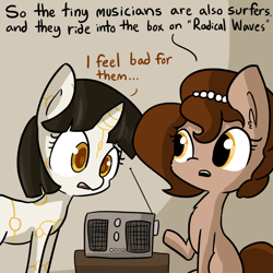 Size: 1080x1080 | Tagged: safe, artist:tjpones, oc, oc only, oc:aril3, oc:brownie bun, earth pony, pony, robot, robot pony, unicorn, horse wife, chest fluff, ear fluff, female, mare, radio, raised hoof, sitting