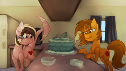 Size: 4000x2250 | Tagged: safe, artist:marsminer, oc, oc only, oc:ashee, oc:venus spring, original species, shark pony, cake, cooking, food, smiling