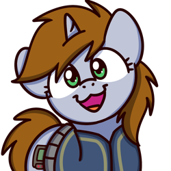 Size: 1000x1000 | Tagged: safe, artist:sugar morning, derpibooru import, oc, oc only, oc:littlepip, pony, unicorn, fallout equestria, clothes, cute, fanfic, fanfic art, female, horn, looking at you, mare, ocbetes, open mouth, pipabetes, simple background, smiling, solo, sugar morning's smiling ponies, transparent background, vault suit