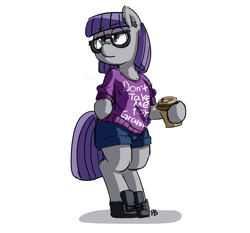 Size: 1280x1192 | Tagged: safe, artist:pabbley, maud pie, pony, 30 minute art challenge, bipedal, clothes, coffee, glasses, hipster, simple background, solo, white background