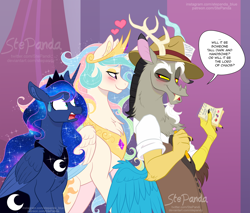 Size: 2000x1707 | Tagged: safe, artist:stepandy, discord, princess celestia, princess luna, alicorn, draconequus, pony, the beginning of the end, bedroom eyes, blushing, chest fluff, clothes, confused, crown, dislestia, ear fluff, ethereal mane, eyebrows, eyeshadow, female, fluffy, hat, heart, jewelry, lidded eyes, lightly watermarked, looking at each other, makeup, male, mare, neck fluff, notebook, notepad, pencil, press hat, raised eyebrow, regalia, reporter, romance, scene interpretation, shipping, shocked, smiling, smirk, sparkles, speech bubble, starry mane, straight, sweat, sweatdrop, trio, watermark, wide eyes, wing fluff