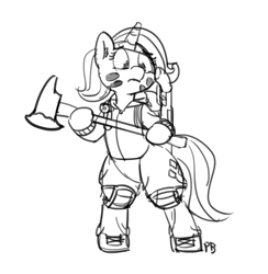 Size: 1280x1311 | Tagged: safe, artist:pabbley, rarity, pony, unicorn, 30 minute art challenge, axe, bipedal, monochrome, sketch, solo, weapon
