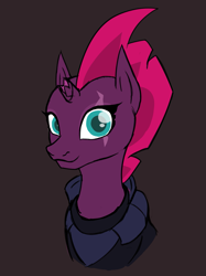 Size: 1803x2411 | Tagged: safe, artist:thehuskylord, derpibooru import, fizzlepop berrytwist, tempest shadow, pony, unicorn, :3, armor, broken horn, bust, cute, eye scar, female, horn, looking at you, mare, scar, simple background, smiling, solo