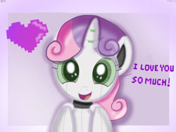 Size: 1280x960 | Tagged: safe, artist:rowdyruffpowerpuff45, sweetie belle, sweetie bot, pony, robot, robot pony, cute, dialogue, diasweetes, female, heart, looking at you, mare, smiling, solo, talking to viewer