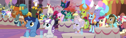 Size: 2502x768 | Tagged: safe, derpibooru import, edit, edited screencap, screencap, big daddy mccolt, capper dapperpaws, derpy hooves, doctor whooves, dusty pages, gilda, lemon hearts, ma hooffield, minuette, moondancer, night light, pharynx, prince rutherford, roseluck, sassy saddles, seaspray, tempest shadow, thorax, twilight velvet, twinkleshine, zecora, abyssinian, changedling, changeling, classical hippogriff, earth pony, griffon, hippogriff, pegasus, pony, unicorn, yak, the last problem, background changeling, background pony, balloon, banner, broken horn, castle walls, changedling brothers, clothes, composite screencap, coronation, cup, ear piercing, earring, everycreature, female, general seaspray, glass, glasses, hat, hooffield family, horn, horn ring, jewelry, king thorax, looking up, male, mare, mccolt family, panorama, piercing, prince pharynx, stallion, sweater, table, ten gallon hat