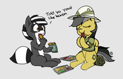 Size: 1280x829 | Tagged: safe, artist:pabbley, daring do, oc, oc:bandy cyoot, raccoon, 30 minute art challenge, bacon, dialogue, food, meat, ponies eating meat, simple background