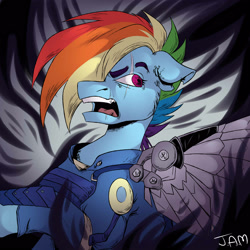 Size: 2500x2500 | Tagged: safe, artist:jamz-artz, rainbow dash, pegasus, pony, abstract background, alternate timeline, amputee, apocalypse dash, armor, artificial wings, augmented, clothes, crystal war timeline, eye scar, female, floppy ears, hair over one eye, mare, mechanical wing, open mouth, prosthetic limb, prosthetic wing, prosthetics, scar, solo, uniform, wings