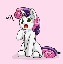 Size: 1280x1312 | Tagged: safe, artist:pabbley, sweetie belle, 30 minute art challenge, chest fluff, cute, dialogue, diasweetes, hi, open mouth, simple background, sitting, solo