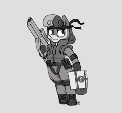 Size: 1280x1190 | Tagged: safe, artist:pabbley, bon bon, sweetie drops, pony, bipedal, crossover, gun, headband, metal gear, metal gear solid, monochrome, rifle, secret agent sweetie drops, solo, weapon