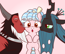 Size: 1920x1600 | Tagged: safe, artist:sazanamibd, cozy glow, lord tirek, queen chrysalis, centaur, changeling, changeling queen, pegasus, pony, the beginning of the end, :o, a better ending for chrysalis, a better ending for cozy, a better ending for tirek, bow, bracer, cozybetes, cozylove, crown, cute, daddy tirek, eyes closed, family, female, filly, foal, freckles, gradient background, hair bow, harsher in hindsight, heartwarming, jewelry, kiss on the cheek, kiss sandwich, kissing, legion of doom, male, mare, mommy chrissy, nose piercing, nose ring, open mouth, piercing, regalia, smiling, surprised, sweet, sweet dreams fuel, tail bow, trio, wall of tags, wholesome