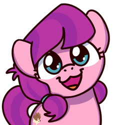 Size: 1000x1000 | Tagged: safe, artist:sugar morning, derpibooru import, part of a series, part of a set, lily longsocks, earth pony, pony, :3, bust, cat face, cat smile, cute, female, filly, looking at you, open mouth, open smile, simple background, smiling, smiling at you, solo, sugar morning's smiling ponies, transparent background