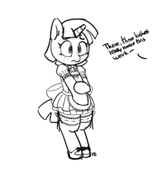 Size: 1280x1438 | Tagged: safe, artist:pabbley, snails, pony, 30 minute art challenge, bipedal, clothes, crossdressing, dialogue, femboy, freckles, frown, glitter shell, maid, male, monochrome, offscreen character, sketch, solo focus, wide eyes