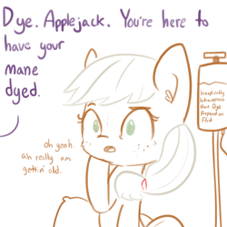 Size: 792x792 | Tagged: safe, artist:tjpones, applejack, twilight sparkle, twilight sparkle (alicorn), alicorn, earth pony, pony, :o, bait and switch, dye, dyed mane, female, iv drip, lampshade hanging, mare, mood whiplash, offscreen character, open mouth, simple background, sitting, solo focus, white background, wide eyes