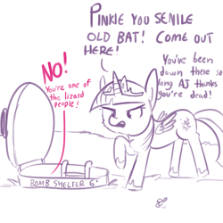 Size: 792x792 | Tagged: safe, artist:tjpones, pinkie pie, twilight sparkle, twilight sparkle (alicorn), alicorn, pony, angry, bait and switch, bomb shelter, conspiracy theory, female, frown, future, glare, lizard people, mare, mood whiplash, offscreen character, older, open mouth, raised hoof, senile, shelter, simple background, solo focus, white background