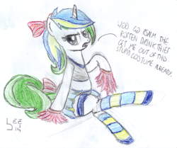 Size: 1853x1551 | Tagged: safe, artist:bamthand, oc, oc only, oc:olive martini, pony, unicorn, cheerleader, clothes, midriff, skirt, socks, solo, striped socks, traditional art, wig