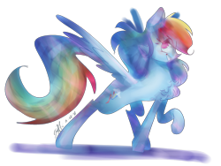 Size: 2048x1536 | Tagged: safe, artist:emuuanne, derpibooru import, rainbow dash, pegasus, pony, chest fluff, cutie mark, eye clipping through hair, female, grin, mare, raised hoof, simple background, smiling, solo, spread wings, transparent background, wings