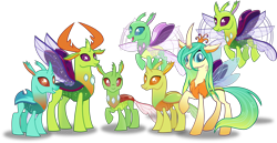 Size: 6626x3424 | Tagged: safe, artist:vector-brony, clypeus, cornicle, queen chrysalis, thorax, changedling, changeling, changeling queen, a better ending for chrysalis, absurd resolution, changedlingified, changeling king, cute, cutealis, cuteling, female, flying, group, inkscape, king thorax, looking at you, male, mare, open mouth, purified chrysalis, raised hoof, reformed, simple background, smiling, smiling at you, spread wings, standing, transparent background, vector, wings