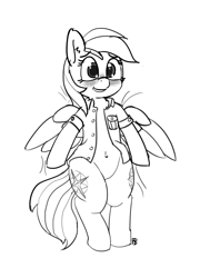 Size: 1280x1782 | Tagged: safe, artist:pabbley, daring do, pony, 30 minute art challenge, belly button, bipedal, blushing, both cutie marks, clothes, monochrome, open clothes, open shirt, sketch, solo