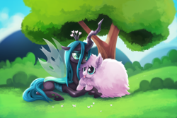 Size: 1500x1000 | Tagged: safe, artist:tsaoshin, queen chrysalis, oc, oc:fluffle puff, changeling, changeling queen, :p, blushing, canon x oc, chrysipuff, cuddling, cute, cutealis, female, grass, heart, holding hooves, lesbian, lidded eyes, outdoors, prone, shipping, smiling, snuggling, tongue out, tree