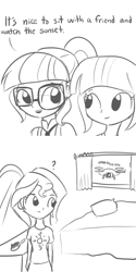 Size: 679x1360 | Tagged: safe, artist:tjpones, sci-twi, sunset shimmer, twilight sparkle, twilight sparkle (alicorn), equestria girls, bait and switch, clothes, comic, crystal prep academy uniform, dialogue, drone, hilarious in hindsight, monochrome, name pun, not creepy, ponytail, pun, school uniform, spying, stalker, stalking, sunset twiangle, twolight