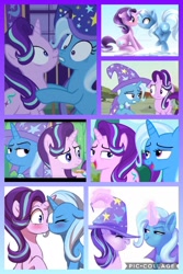 Size: 682x1024 | Tagged: safe, artist:marissa8224, artist:scarlet-spectrum, artist:verawitch, artist:whisperseas, derpibooru import, starlight glimmer, trixie, pony, unicorn, no second prances, accessory swap, blushing, boop, bust, collage, cute, duo, eyes closed, female, lesbian, lidded eyes, looking at each other, magic, mare, noseboop, portrait, scrunchy face, shipping, simple background, sitting, smiling, startrix, telekinesis, underhoof, watermark