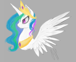Size: 706x579 | Tagged: safe, artist:0pencil0and0rood0, derpibooru import, princess celestia, alicorn, pony, bust, crown, female, gray background, jewelry, mare, peytral, portrait, profile, regalia, simple background, solo, spread wings, wings