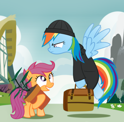 Size: 1200x1179 | Tagged: safe, artist:pixelkitties, rainbow dash, scootaloo, pegasus, pony, clothes, flower pot, léon, parody, suitcase, the professional