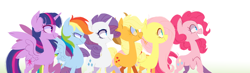 Size: 1280x376 | Tagged: safe, artist:j_kei, artist:jkeiontheworks, derpibooru import, applejack, fluttershy, pinkie pie, rainbow dash, rarity, twilight sparkle, twilight sparkle (alicorn), alicorn, earth pony, pegasus, pony, unicorn, cute, female, mane six, mare, open mouth, profile, simple background, straw in mouth, white background