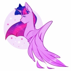 Size: 659x659 | Tagged: safe, artist:benyablinkakaeto, derpibooru import, twilight sparkle, twilight sparkle (alicorn), alicorn, pony, abstract background, bust, female, mare, portrait, profile, solo, spread wings, wings