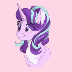 Size: 2000x2000 | Tagged: safe, artist:scarletskitty12, derpibooru import, starlight glimmer, pony, unicorn, bust, chest fluff, cute, digital art, ear fluff, eye clipping through hair, female, glimmerbetes, high res, mare, pink background, portrait, simple background, smiling, solo