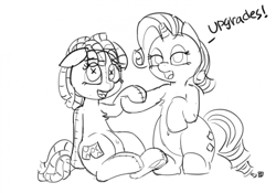 Size: 1280x897 | Tagged: safe, artist:pabbley, rarity, smarty pants, pony, unicorn, 30 minute art challenge, belly button, chest fluff, dialogue, monochrome, open mouth, sketch, underhoof