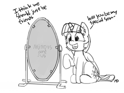 Size: 1280x962 | Tagged: safe, artist:pabbley, twilight sparkle, twilight sparkle (alicorn), alicorn, pony, 30 minute art challenge, cute, dialogue, forever alone, friendzone, grayscale, magic mirror, meme, monochrome, open mouth, raised hoof, simple background, sketch, solo, twiabetes, white background