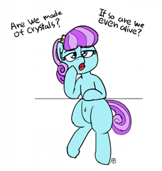 Size: 1280x1352 | Tagged: safe, artist:pabbley, sapphire joy, crystal pony, pony, 30 minute art challenge, belly button, dialogue, open mouth, philosophy, simple background, solo, white background