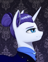 Size: 1491x1936 | Tagged: safe, artist:mrscroup, rarity, pony, unicorn, equestria at war mod, alternate timeline, bust, ear fluff, ears, female, mare, night maid rarity, nightmare takeover timeline, portrait, profile, smiling, solo