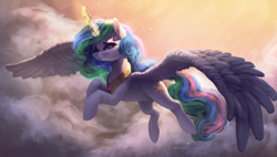 Size: 3000x1700 | Tagged: safe, alternate version, artist:vanillaghosties, princess celestia, alicorn, pony, crown, female, flying, glowing horn, hooves, horn, jewelry, mare, regalia, solo