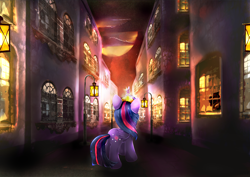 Size: 4092x2893 | Tagged: safe, artist:l1nkoln, twilight sparkle, twilight sparkle (alicorn), alicorn, pony, behind, big crown thingy, city, female, mare, solo