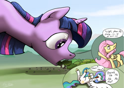 Size: 1513x1080 | Tagged: safe, artist:shieltar, fluttershy, princess celestia, twilight sparkle, unicorn twilight, alicorn, pegasus, pony, unicorn, comic:giant twilight, deforestation, eating, giant pony, giantess, growth, herbivore, if that's okay with you, laughing, macro, open mouth, signature, small pony, tiny, tree, trollestia