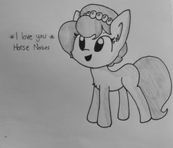 Size: 1198x1026 | Tagged: safe, artist:tjpones, oc, oc only, oc:brownie bun, earth pony, pony, horse wife, black and white, cheek fluff, chest fluff, cute, descriptive noise, ear fluff, female, grayscale, horse noises, mare, meme, monochrome, pencil drawing, solo, traditional art