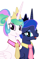 Size: 3016x4279 | Tagged: safe, artist:disneymarvel96, edit, princess celestia, princess luna, alicorn, pony, alternate hairstyle, duo, female, hair bun, mane bun, mare, necktie, one eye closed, royal sisters, siblings, sisters, smiling, vector, vector edit, wink