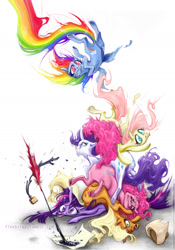 Size: 1000x1429 | Tagged: safe, artist:fleebites, applejack, fluttershy, pinkie pie, rainbow dash, rarity, twilight sparkle, earth pony, pegasus, pony, unicorn, falling, ink, mane six, pony pile, psychedelic, quill, surreal