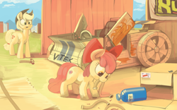 Size: 4427x2760 | Tagged: safe, artist:dimfann, apple bloom, applejack, earth pony, pony, the cart before the ponies, apple bloom's bow, applejack's hat, bow, cart, cowboy hat, cute, cutie mark, duo, female, filly, hair bow, hammer, hat, mare, mouth hold, nitrous, nitrous oxide, nos, open mouth, pipe, scissor doors, sisters, the cmc's cutie marks, this will end in tears and/or death and/or covered in tree sap, vtec