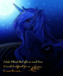 Size: 1066x1280 | Tagged: safe, artist:eltaile, derpibooru import, princess luna, alicorn, pony, balcony, cute, floppy ears, moonbutt, night, solo, talking to viewer, text