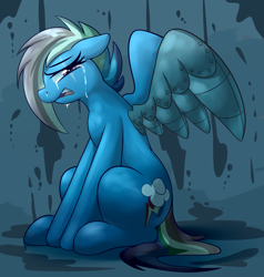 Size: 4057x4260 | Tagged: safe, artist:graphene, rainbow dash, pegasus, pony, alternate timeline, amputee, apocalypse dash, atg 2019, augmented, crying, crystal war timeline, eye scar, female, mare, newbie artist training grounds, prosthetic limb, prosthetic wing, prosthetics, scar, solo