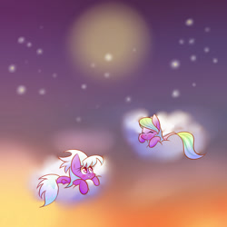 Size: 2000x2000 | Tagged: safe, artist:joycall6, cloudchaser, flitter, pegasus, pony, blushing, cloud, cute, duo, eyes closed, female, high res, mare, on a cloud, prone, sky, stars