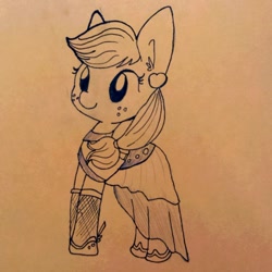 Size: 908x907 | Tagged: safe, artist:tjpones, applejack, earth pony, pony, clothes, dress, ear fluff, ear piercing, earring, fishnet stockings, freckles, grayscale, jewelry, monochrome, piercing, ponytail, solo, traditional art